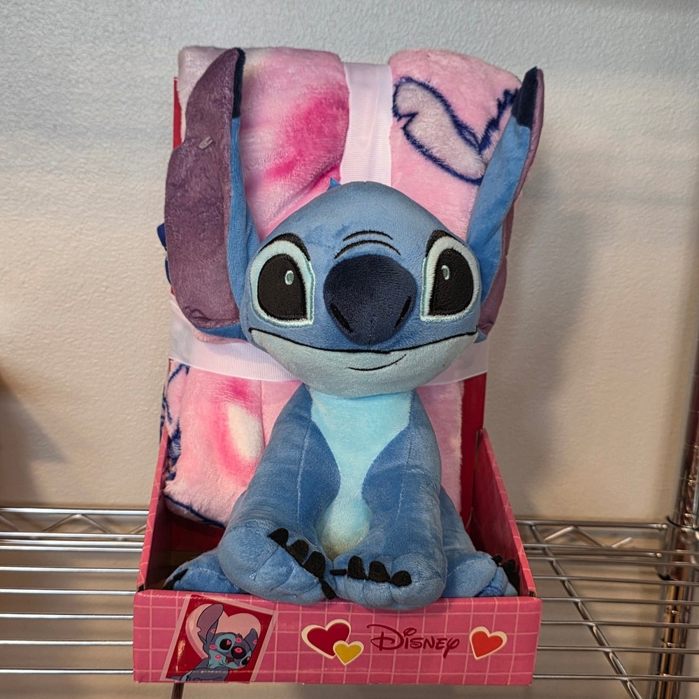 Disney Lilo & Stitch Character Pillow and Plush Throw Blanket Set Pink Blue New